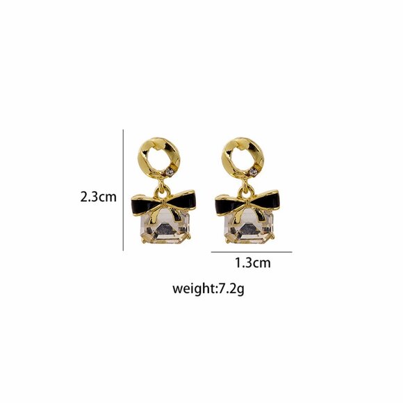 3/$35 Square Bow Gold Drop Dangle Earrings Rhinestone Crystal Small Diamond - Picture 8 of 8